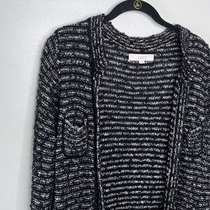 Ann Taylor Loft Cardigan Sweater Black White Stripe Open Front Cotton Small